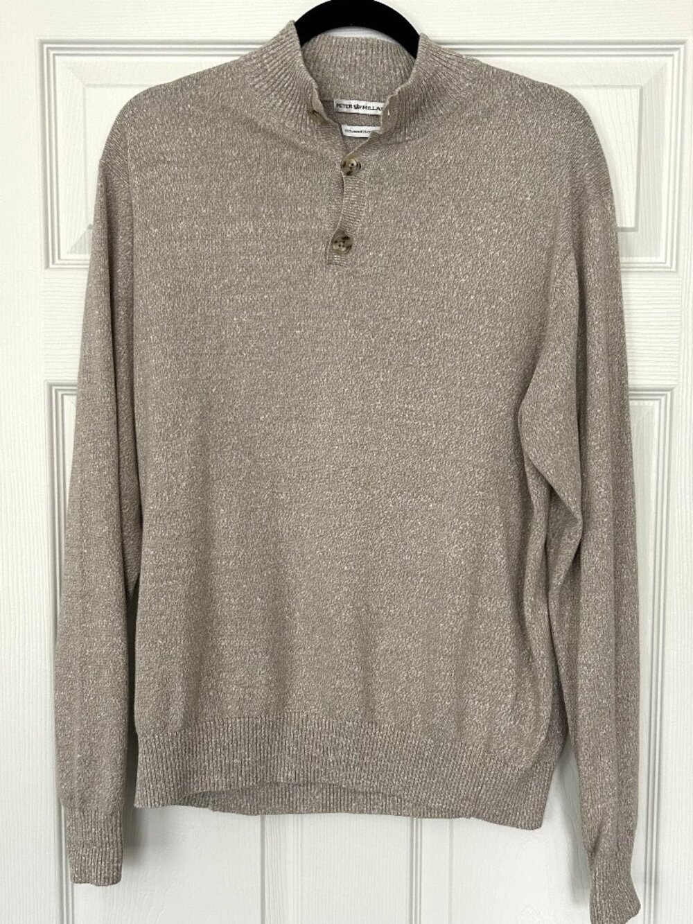 Peter Millar Sweater Mens Medium Linen Cotton Button Mock Neck Pullover Beige